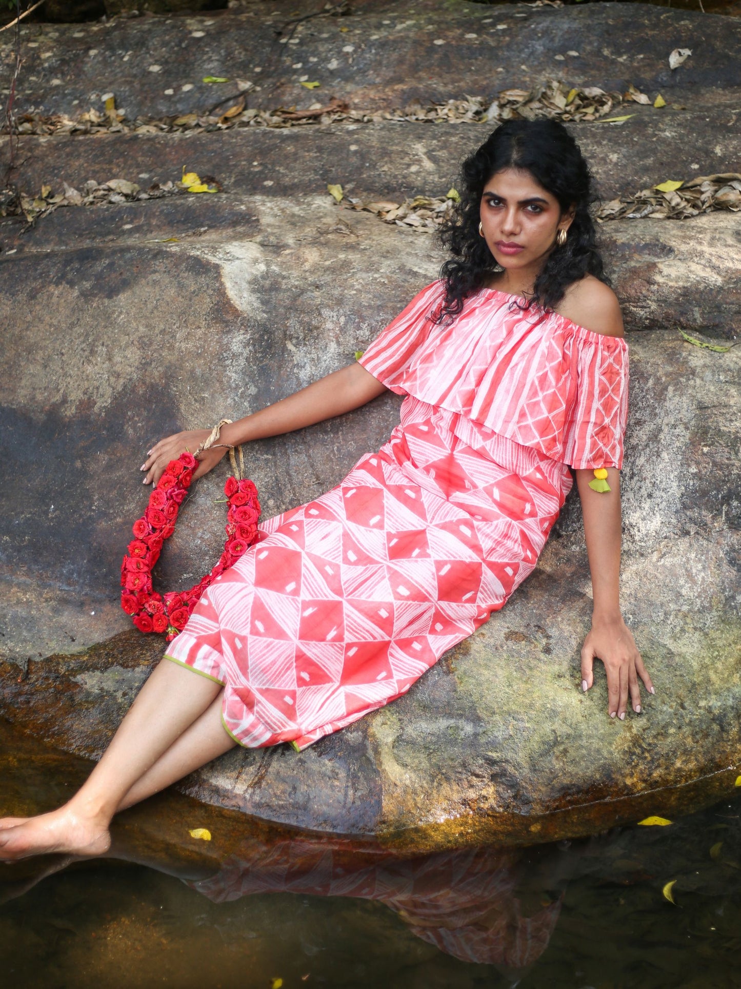 'Amber' Hand-dyed Shibori Vegan Silk Off-shoulder Dress