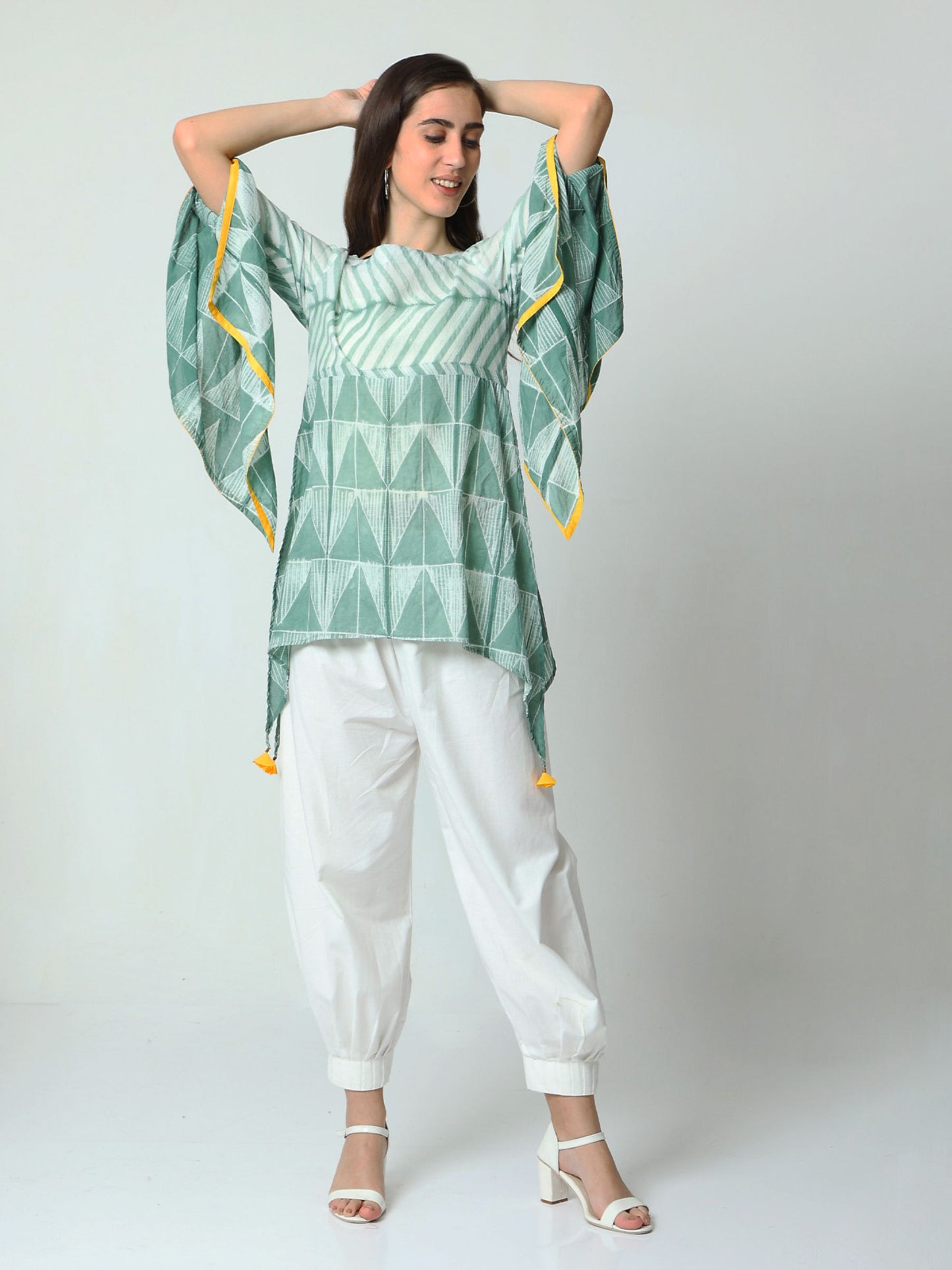 'Sasha' Hand-dyed Shibori Pure Cotton Top with Butterfly Sleeves