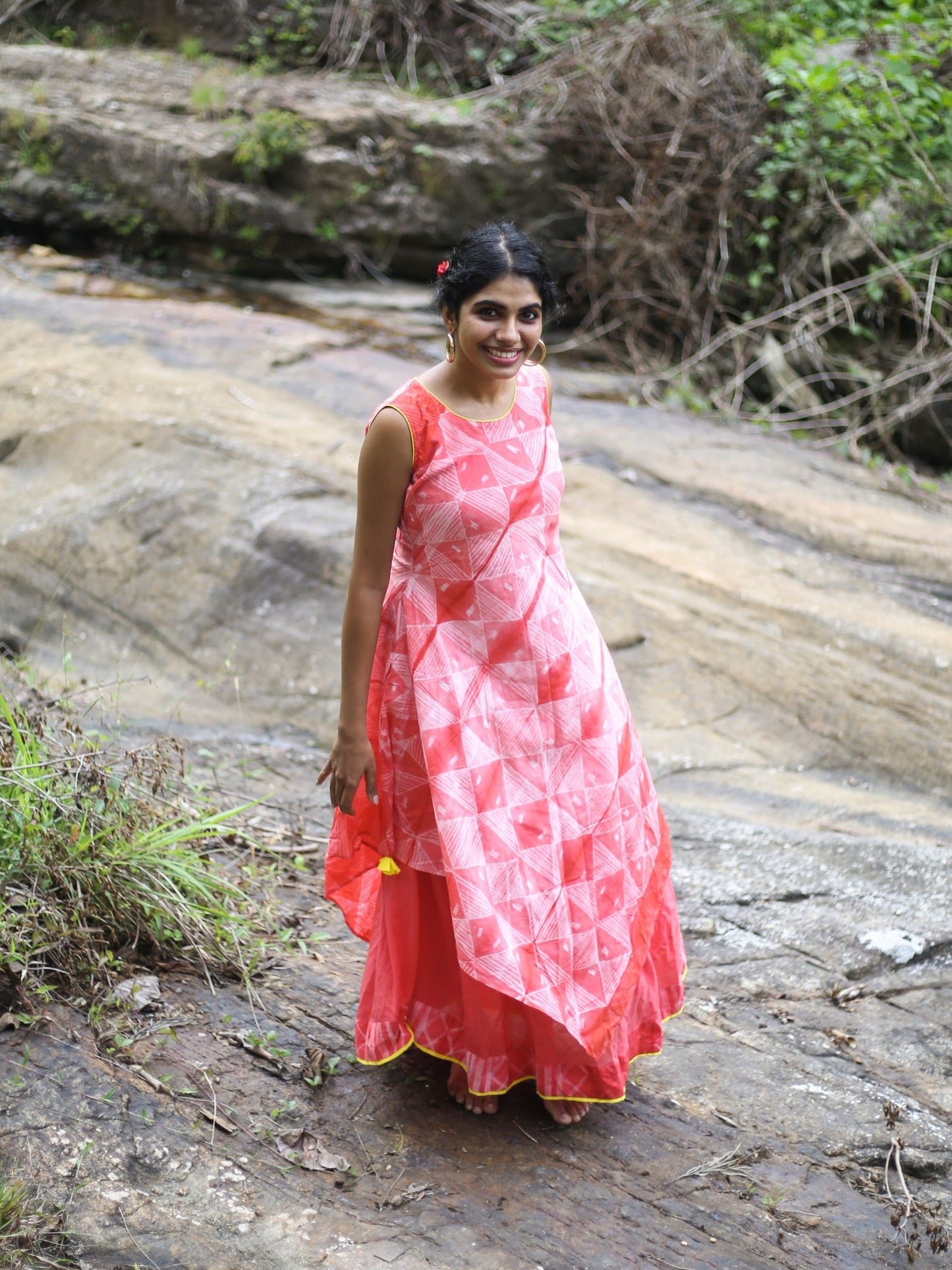 'Scarlet Sun' Hand-dyed Shibori Pure Cotton Layered Dress