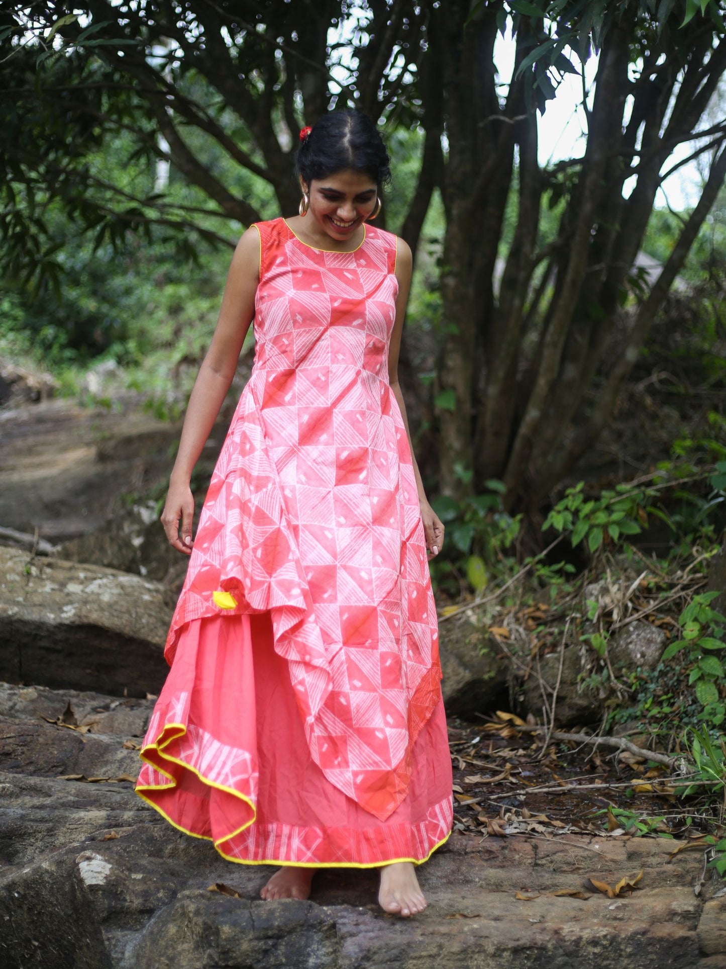 'Scarlet Sun' Hand-dyed Shibori Pure Cotton Layered Dress