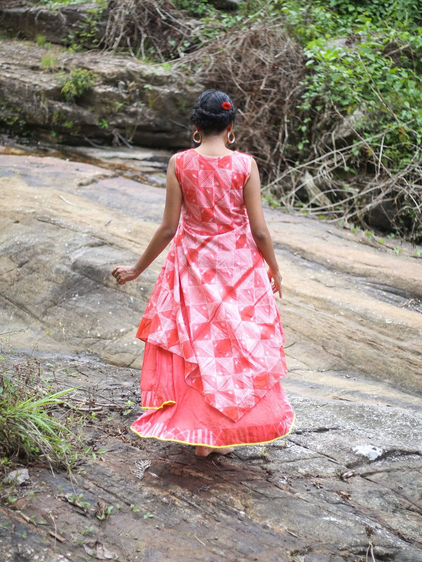 'Scarlet Sun' Hand-dyed Shibori Pure Cotton Layered Dress