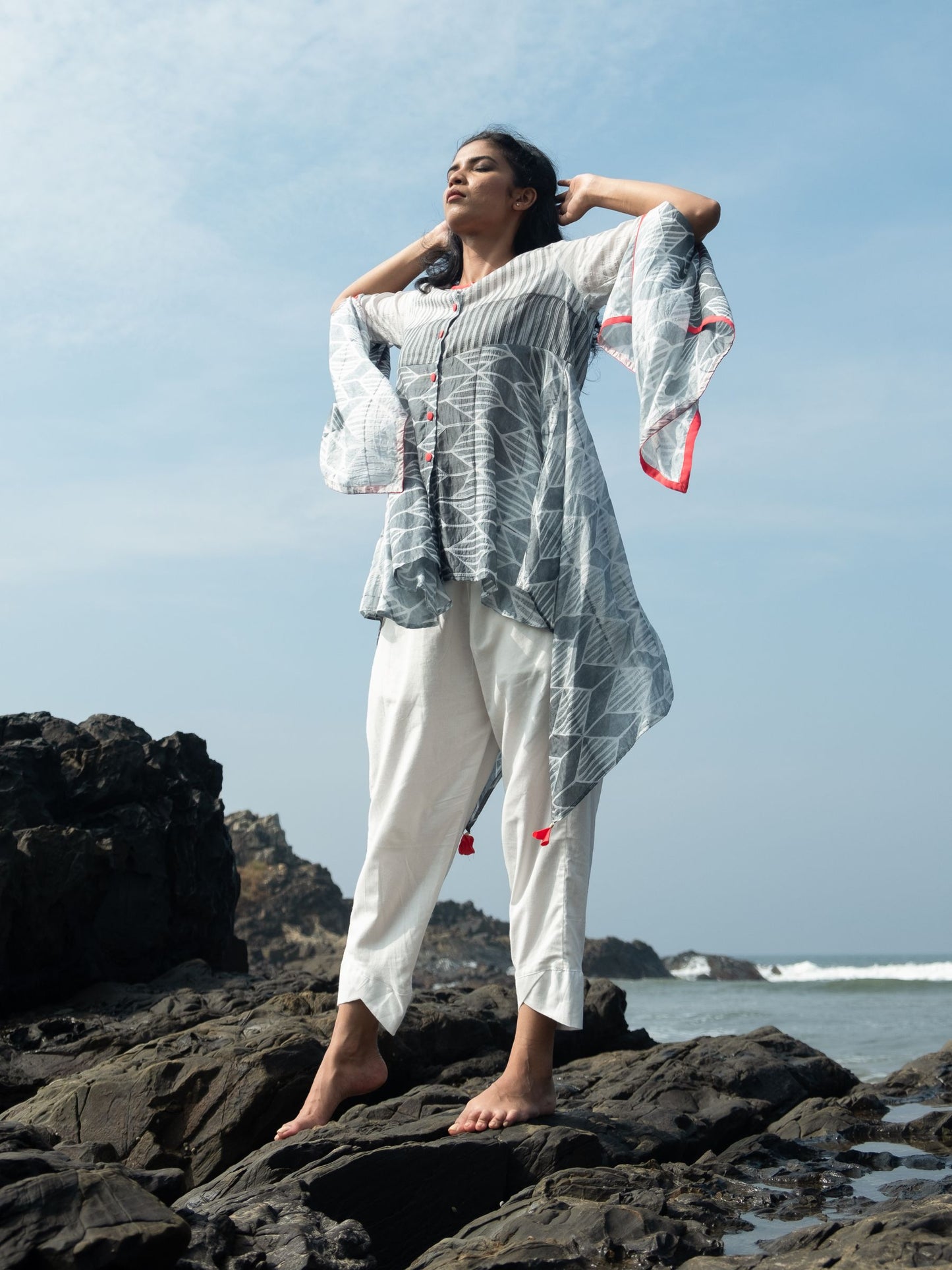 'Sophie' Hand-dyed Shibori Vegan Silk Top with Butterfly Sleeves