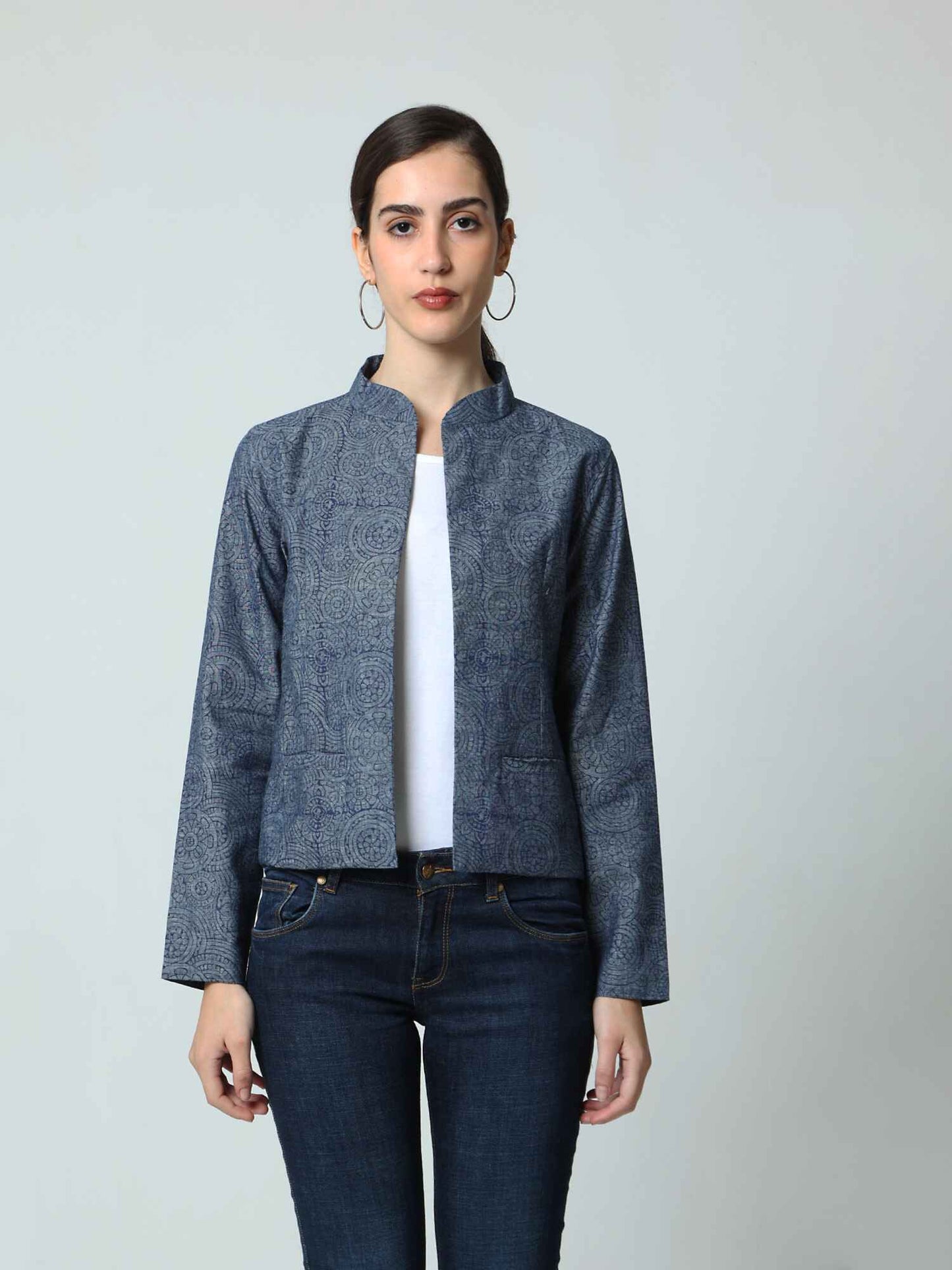 'Elora' Hand Blockprinted Pure Cotton Denim Jacket