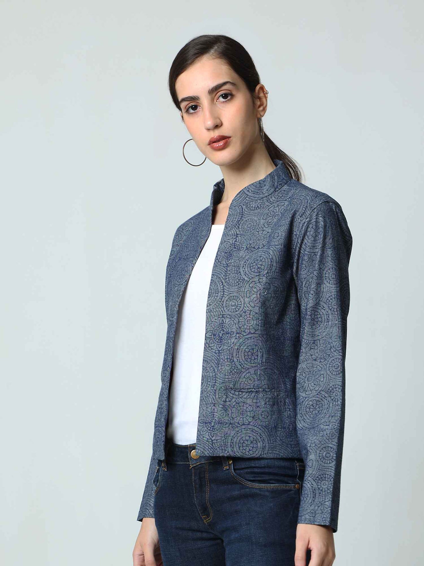 'Elora' Hand Blockprinted Pure Cotton Denim Jacket