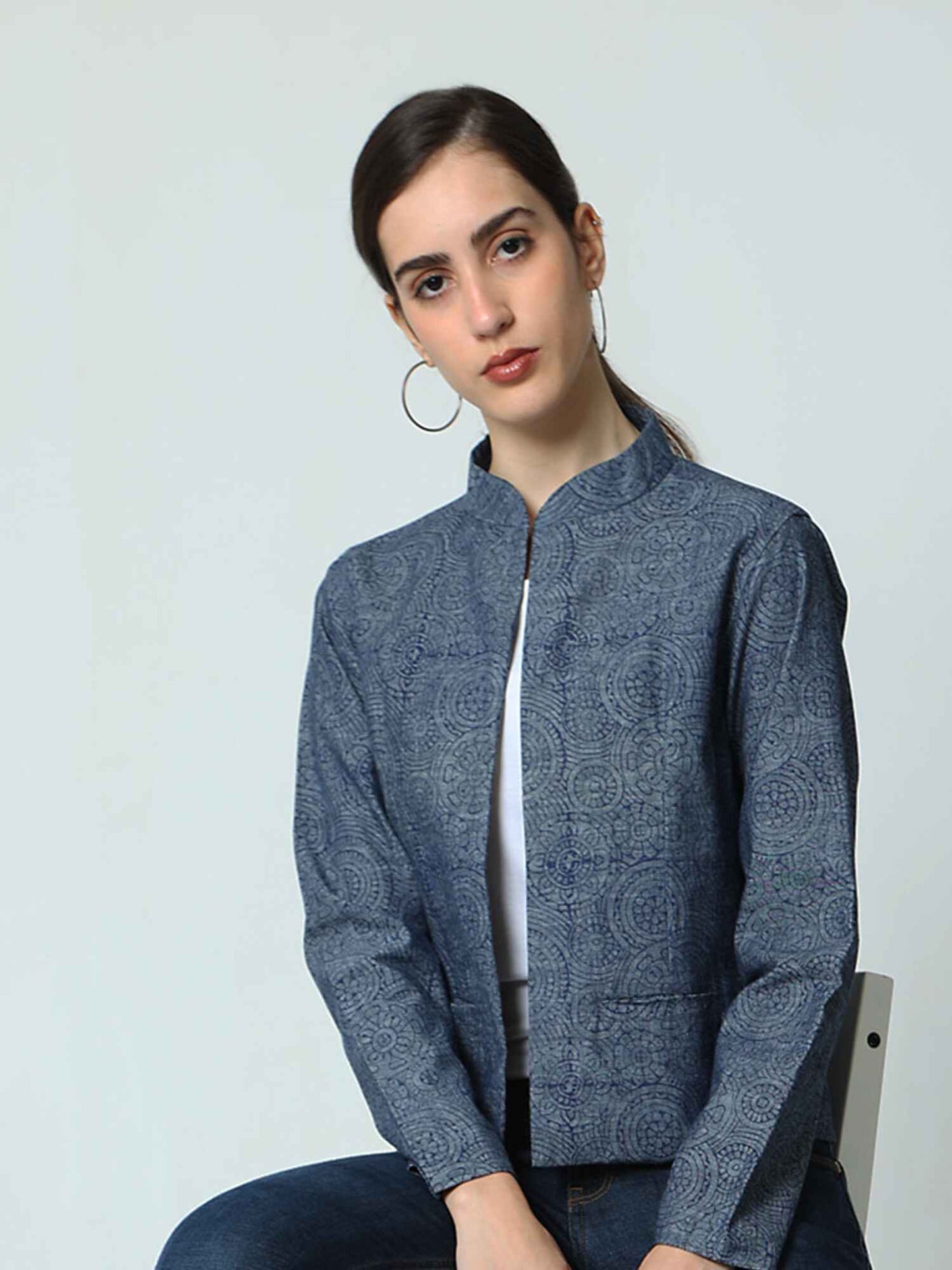 'Elora' Hand Blockprinted Pure Cotton Denim Jacket