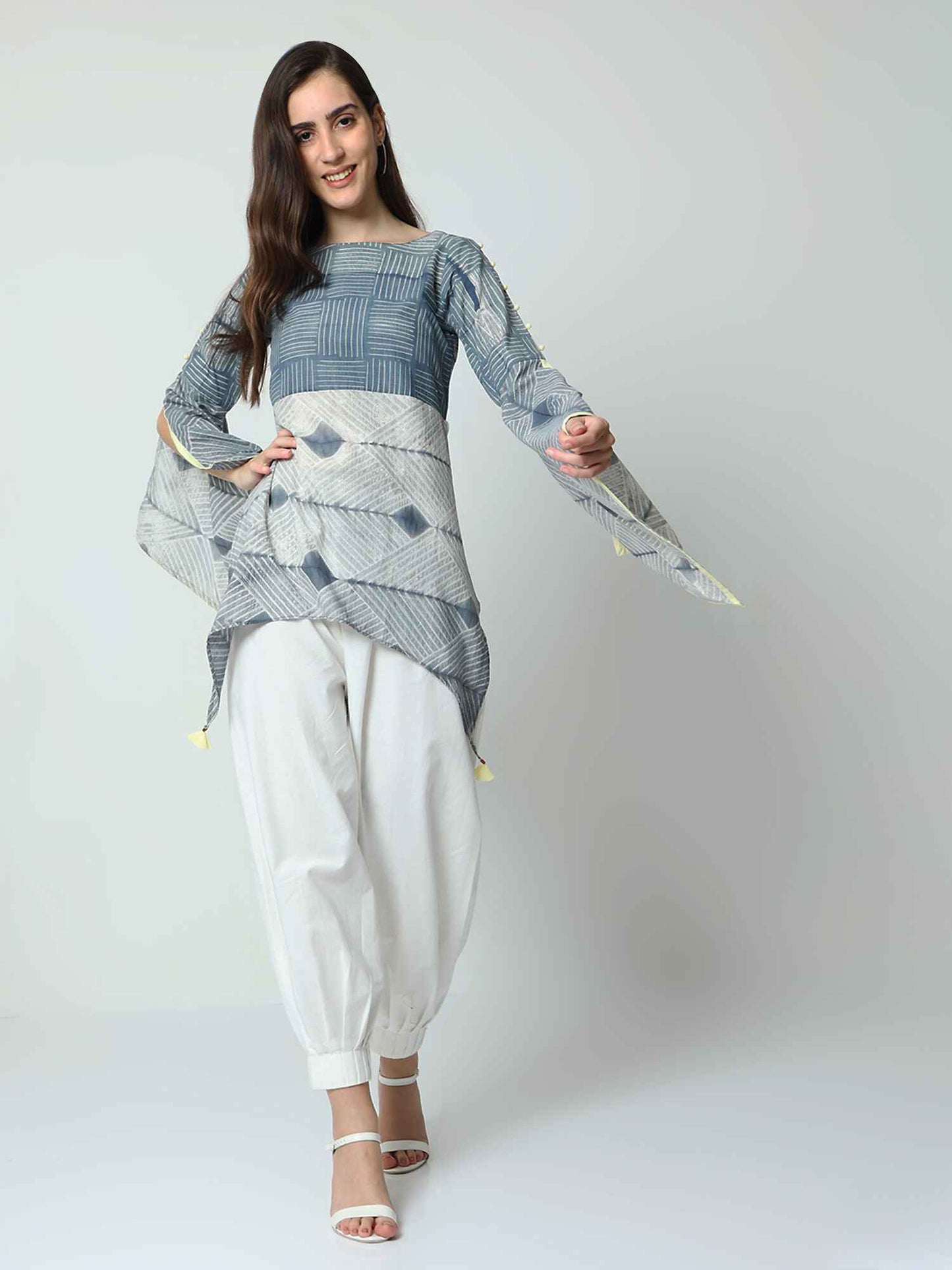 'Dove' Hand-dyed Shibori Pure Cotton Top with Butterfly Sleeves