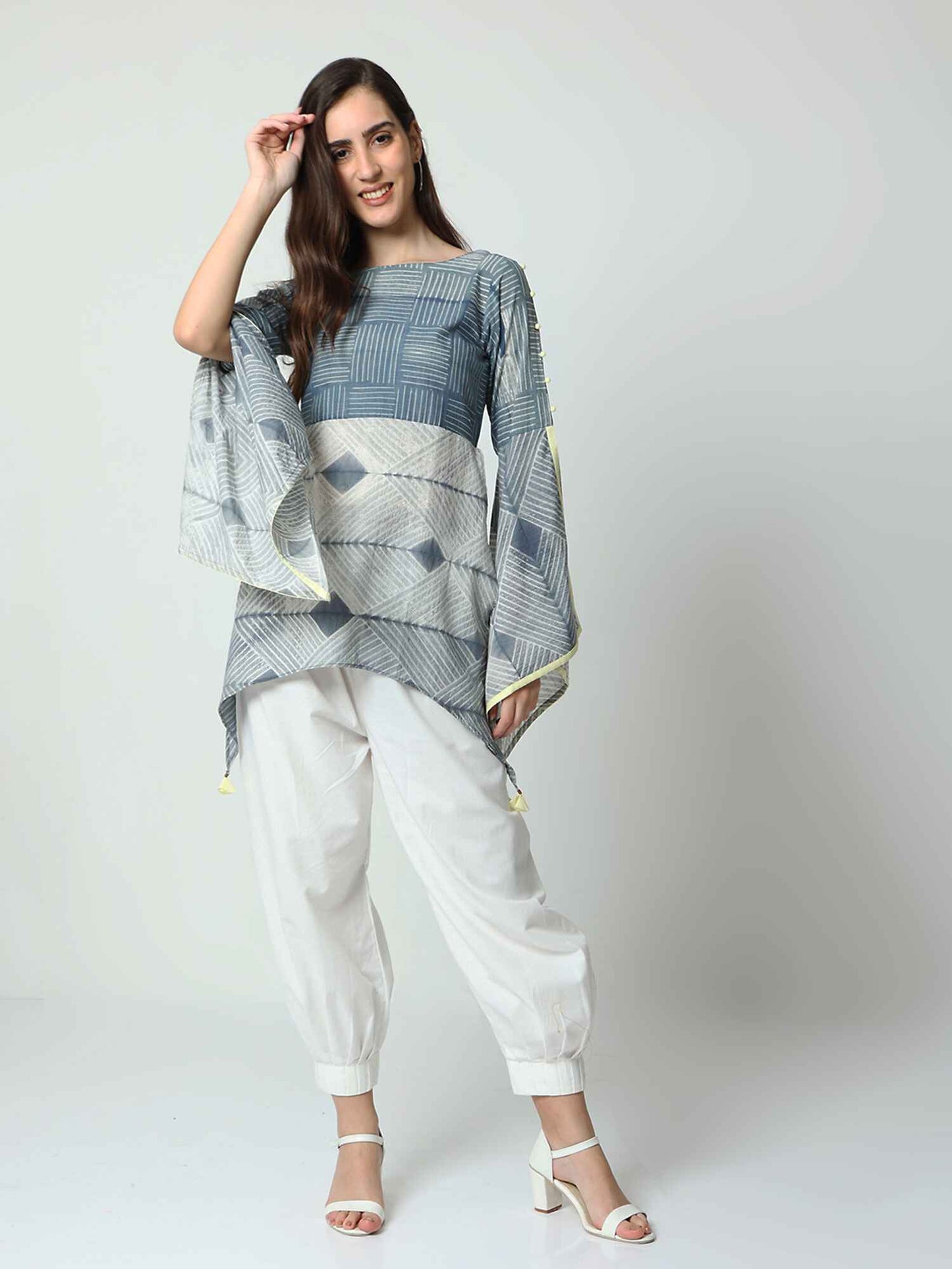 'Dove' Hand-dyed Shibori Pure Cotton Top with Butterfly Sleeves