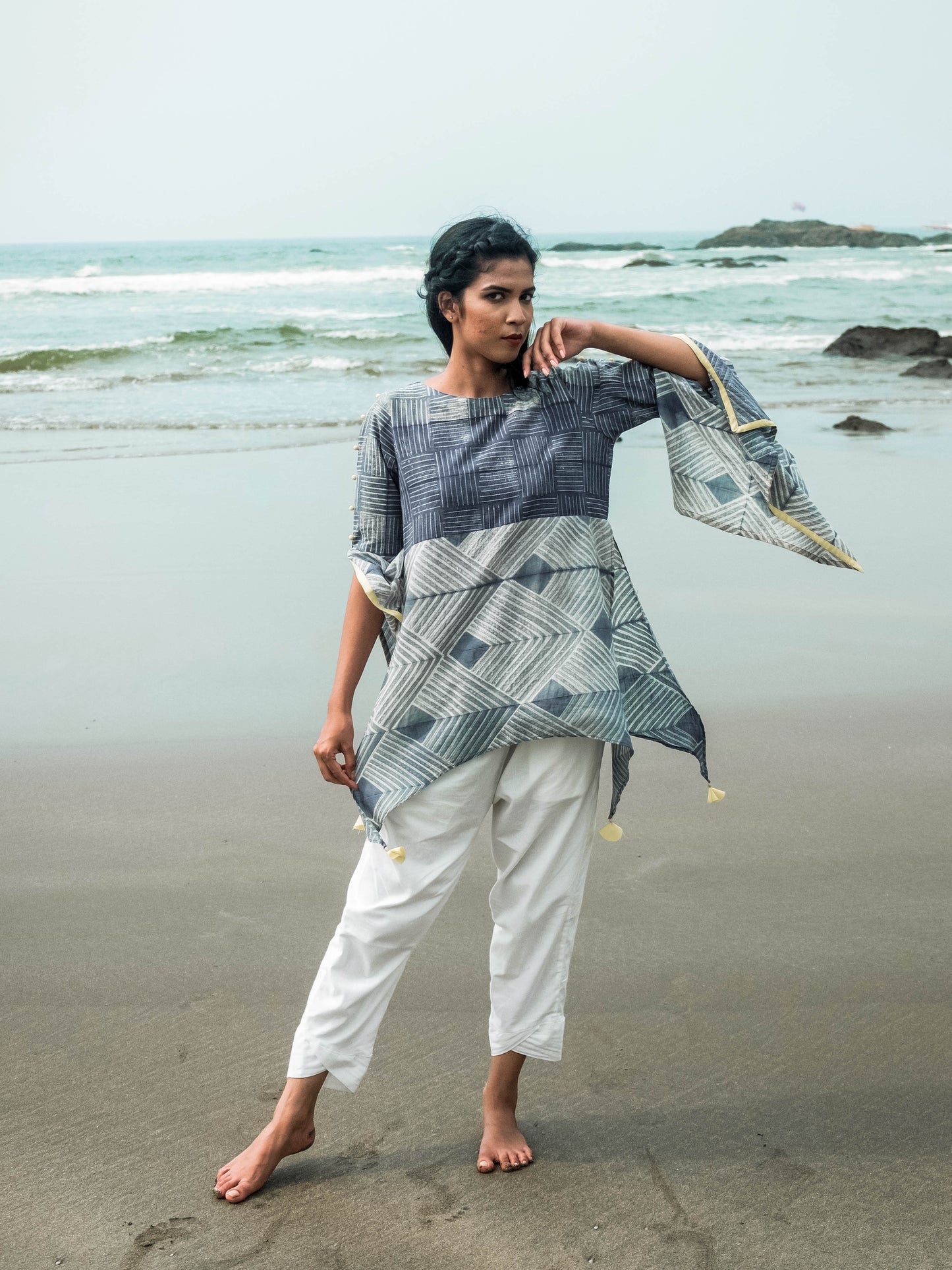 'Dove' Hand-dyed Shibori Pure Cotton Top with Butterfly Sleeves