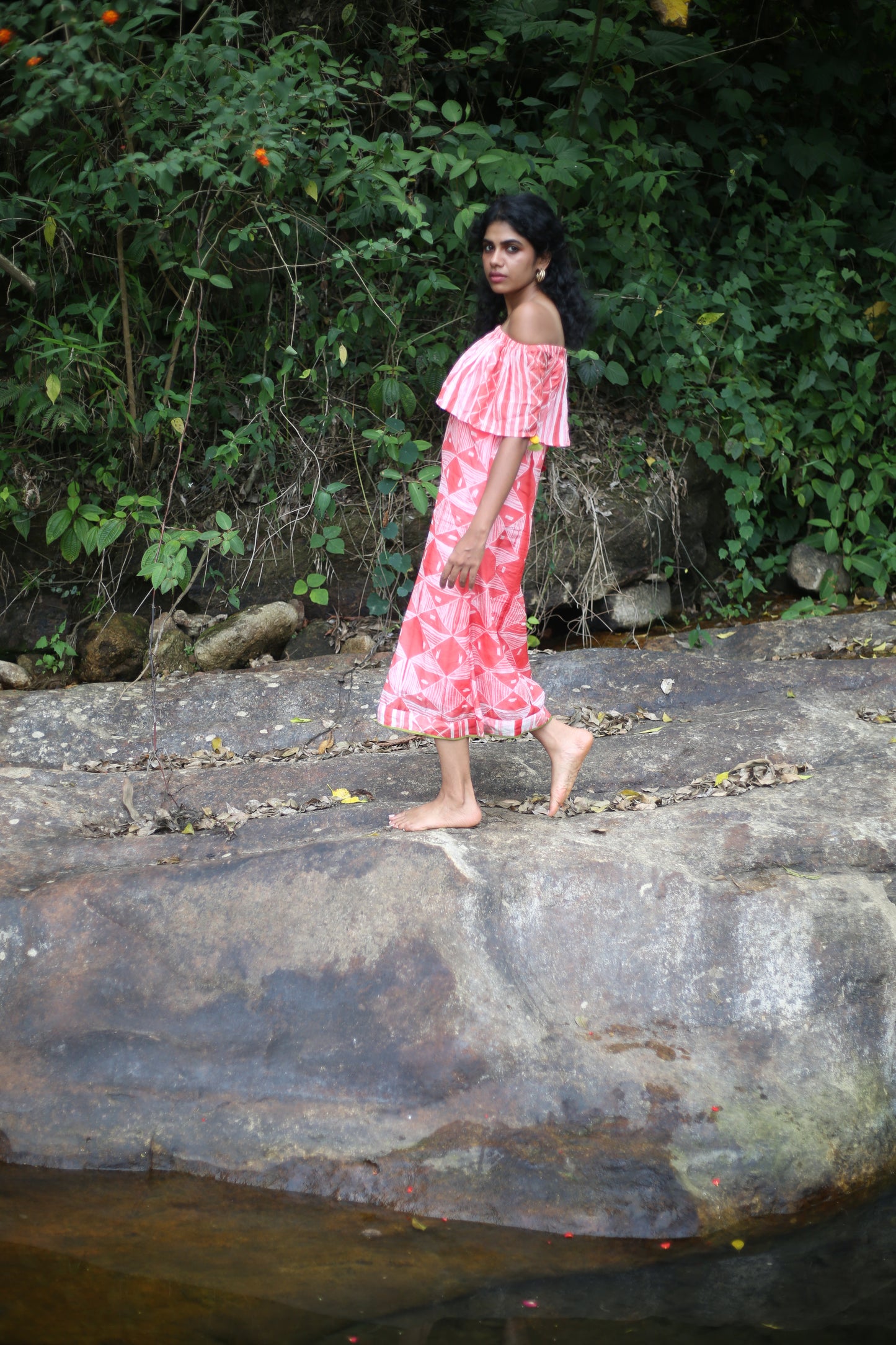'Amber' Hand-dyed Shibori Vegan Silk Off-shoulder Dress