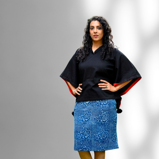 'Selena' Hand Block-printed Pure Cotton Indigo Skirt