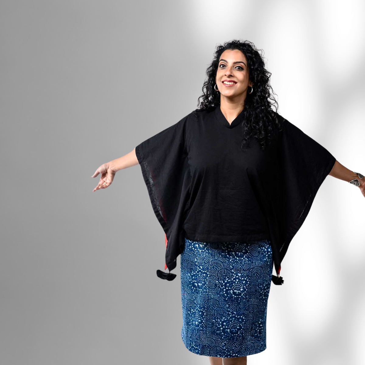 'Selena' Hand Block-printed Pure Cotton Indigo Skirt