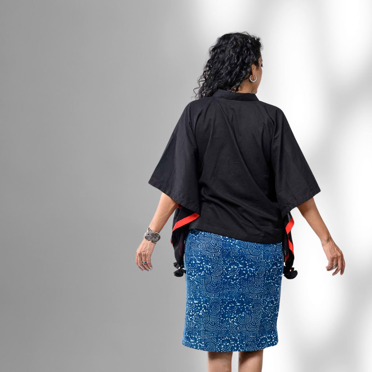 'Selena' Hand Block-printed Pure Cotton Indigo Skirt