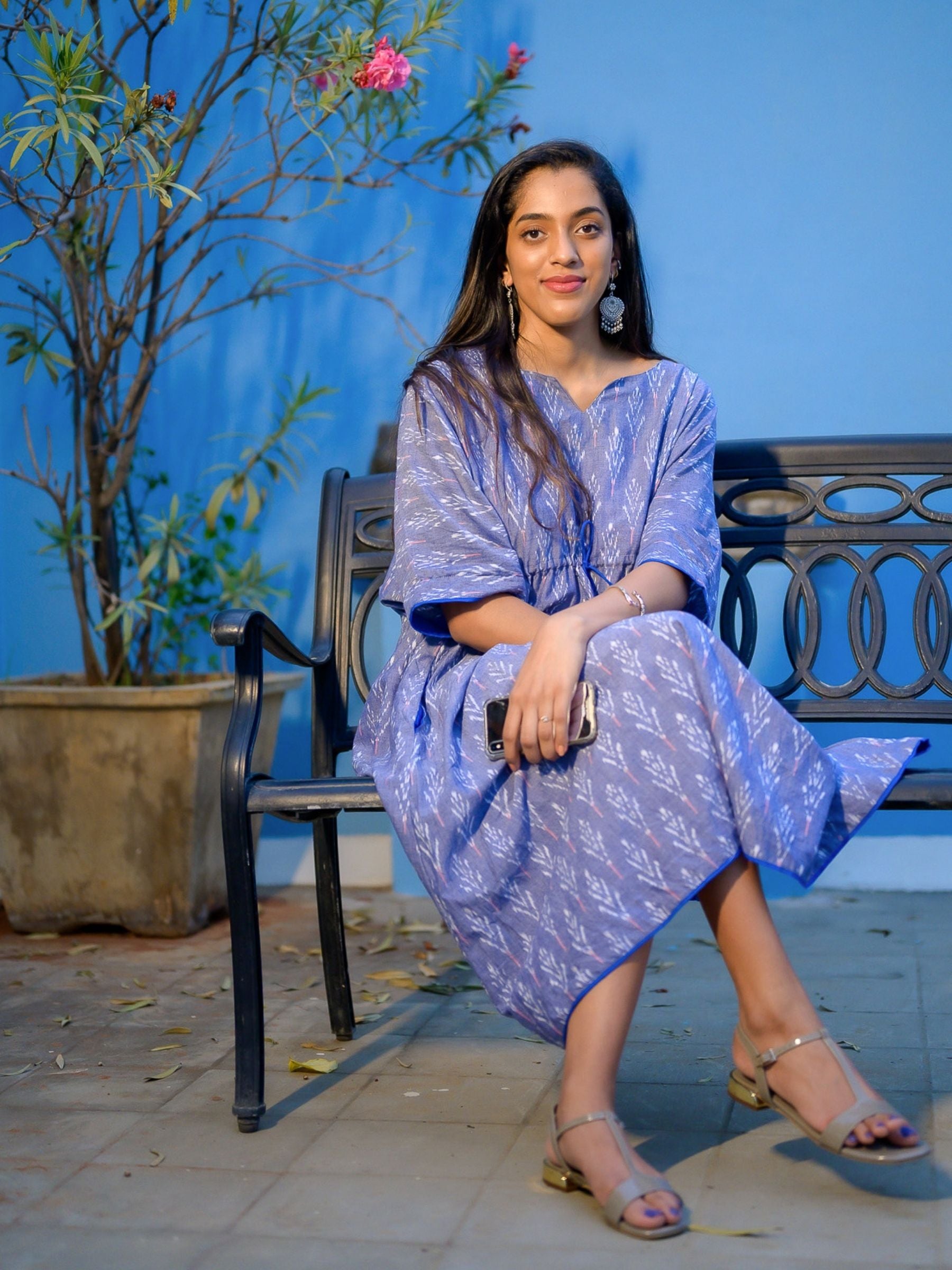 'Bluebell' Handwoven Ikat Pure Cotton Kaftan