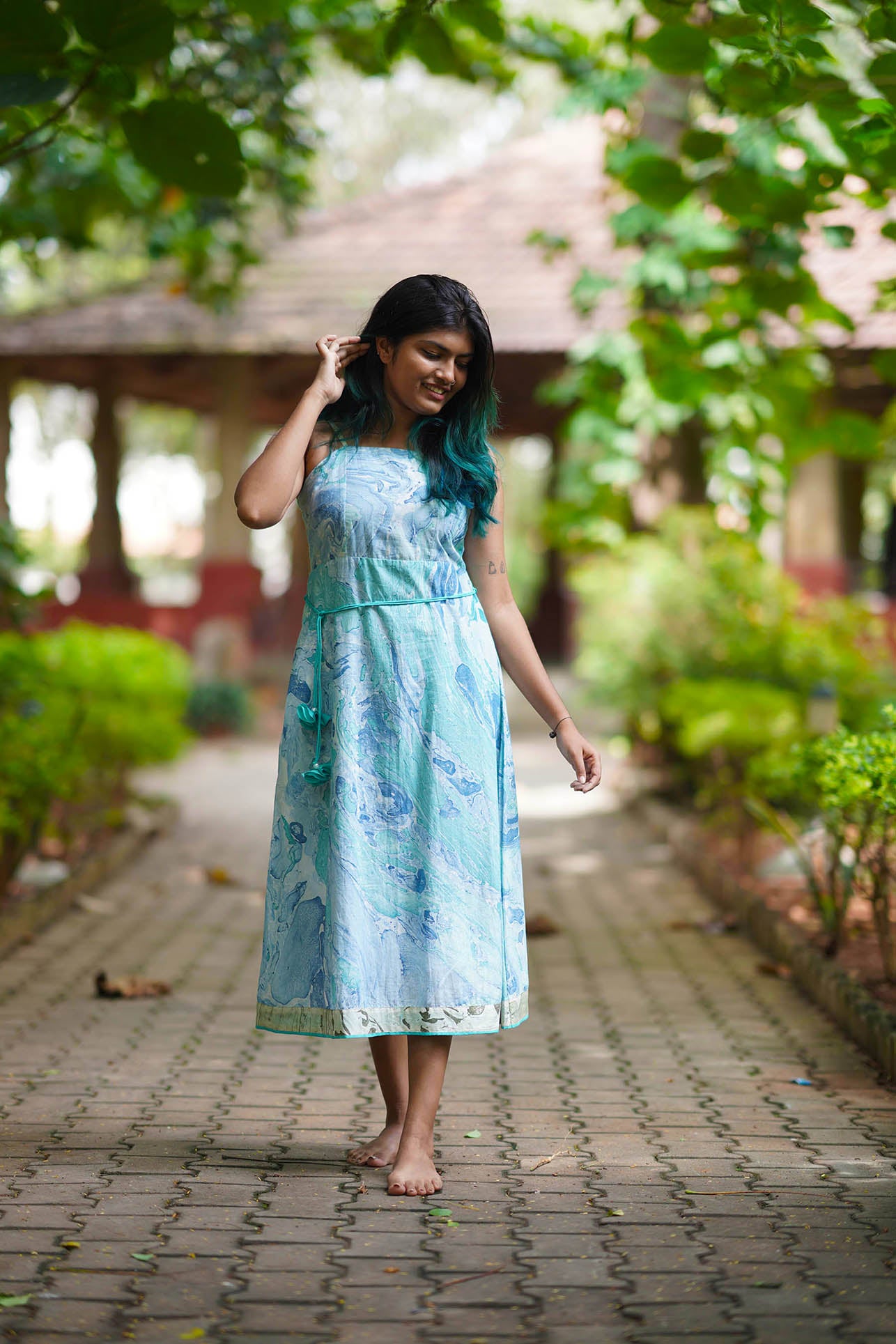 'Selena' Marble -dyed Pure Cotton Dress with Adjustable Straps