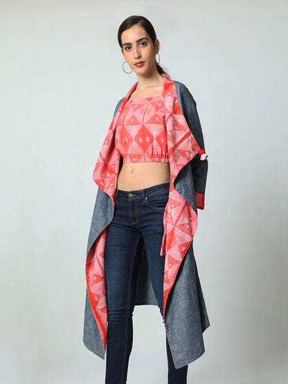 'Daisy' Hand-dyed Shibori Pure Cotton Denim Overlay (Cool Melon)