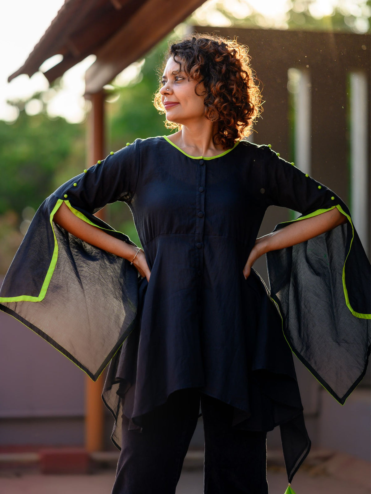 'Midnight Rose' Pure Cotton Top with Butterfly Sleeves