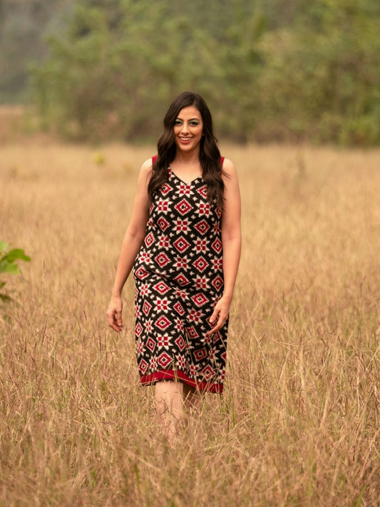 'Rhea' Handwoven Double Ikat Pure Cotton Dress (Red)