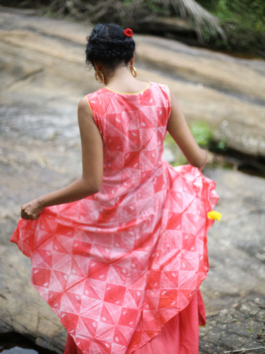 'Scarlet Sun' Hand-dyed Shibori Pure Cotton Layered Dress