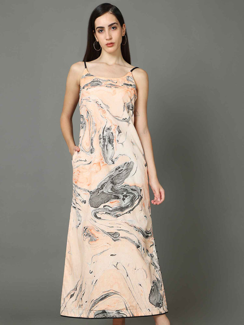 'Laguna' Marble-dyed Pure Cotton Strap Dress with Slit