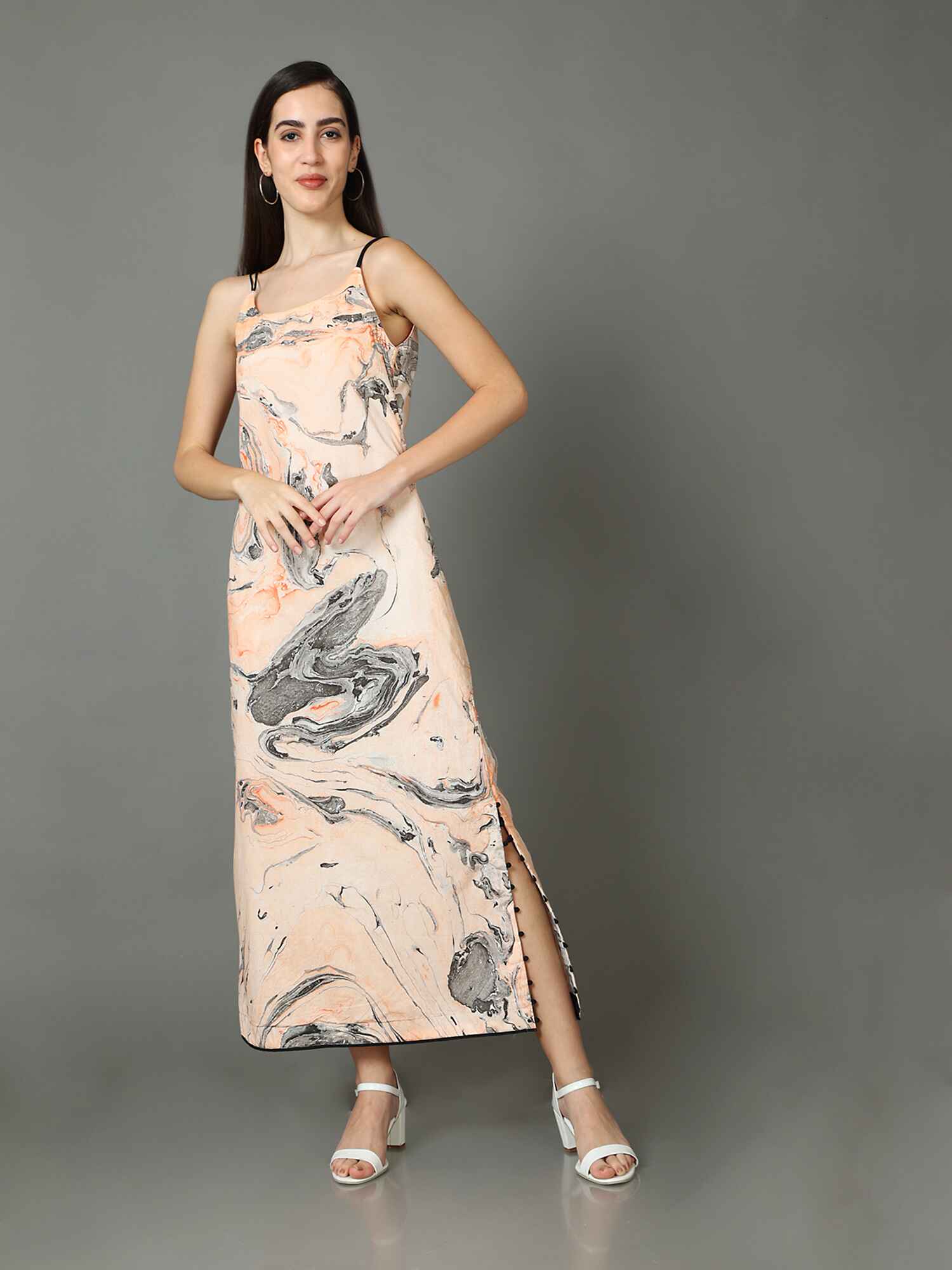 'Laguna' Marble-dyed Pure Cotton Strap Dress with Slit