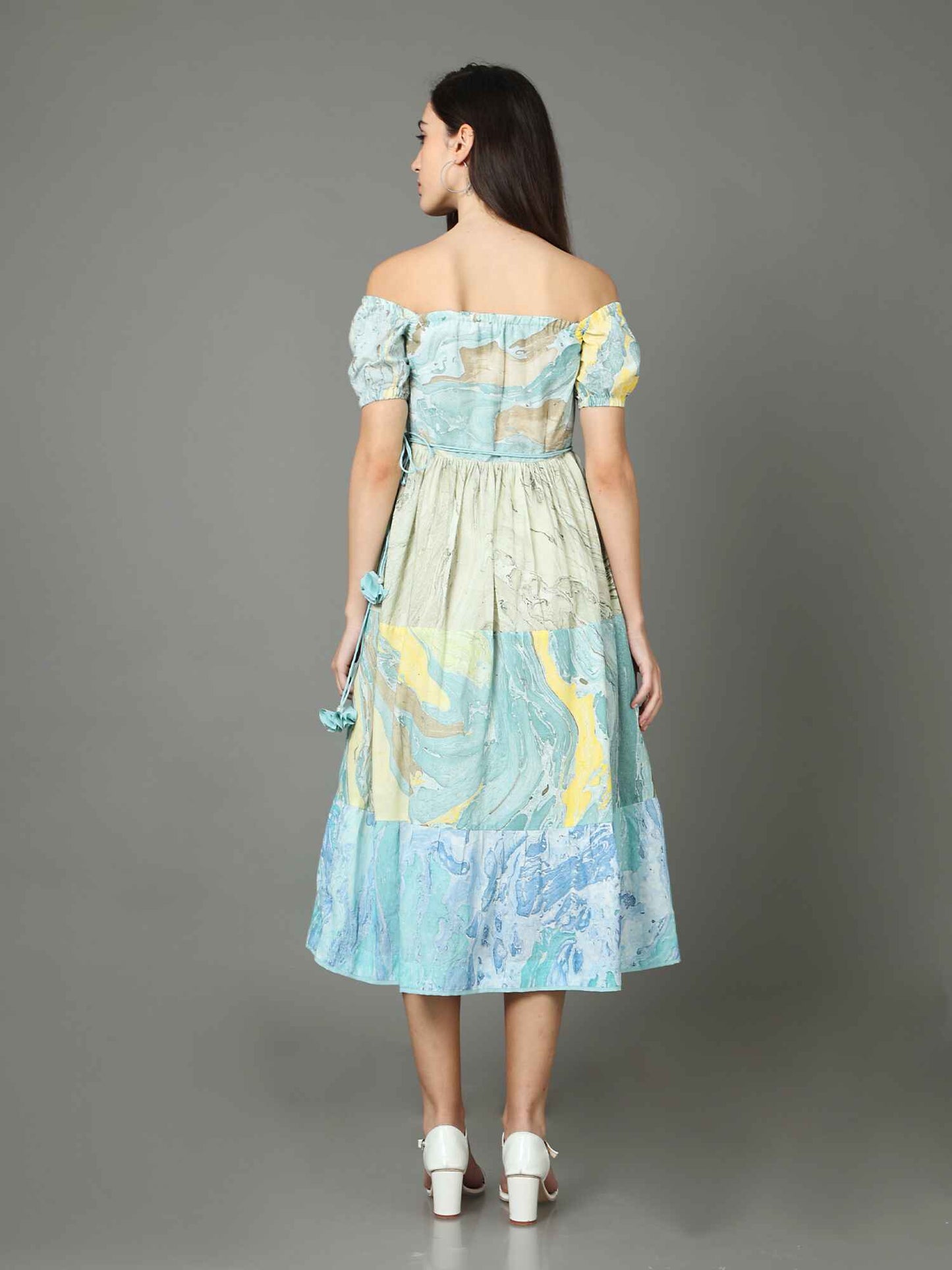 'Aria' Off-shoulder Marble-dyed Pure Cotton Dress