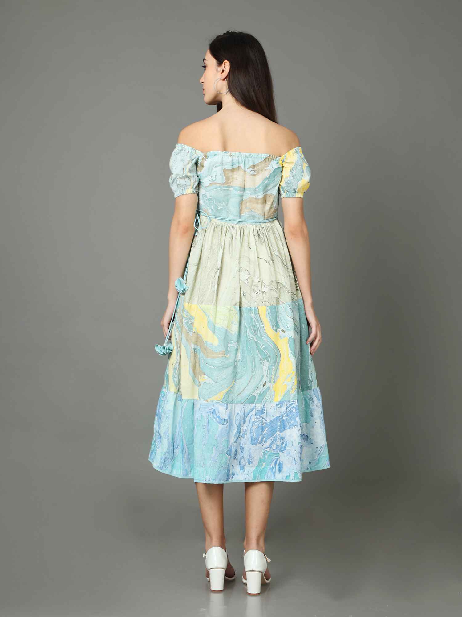 'Aria' Off-shoulder Marble-dyed Pure Cotton Dress