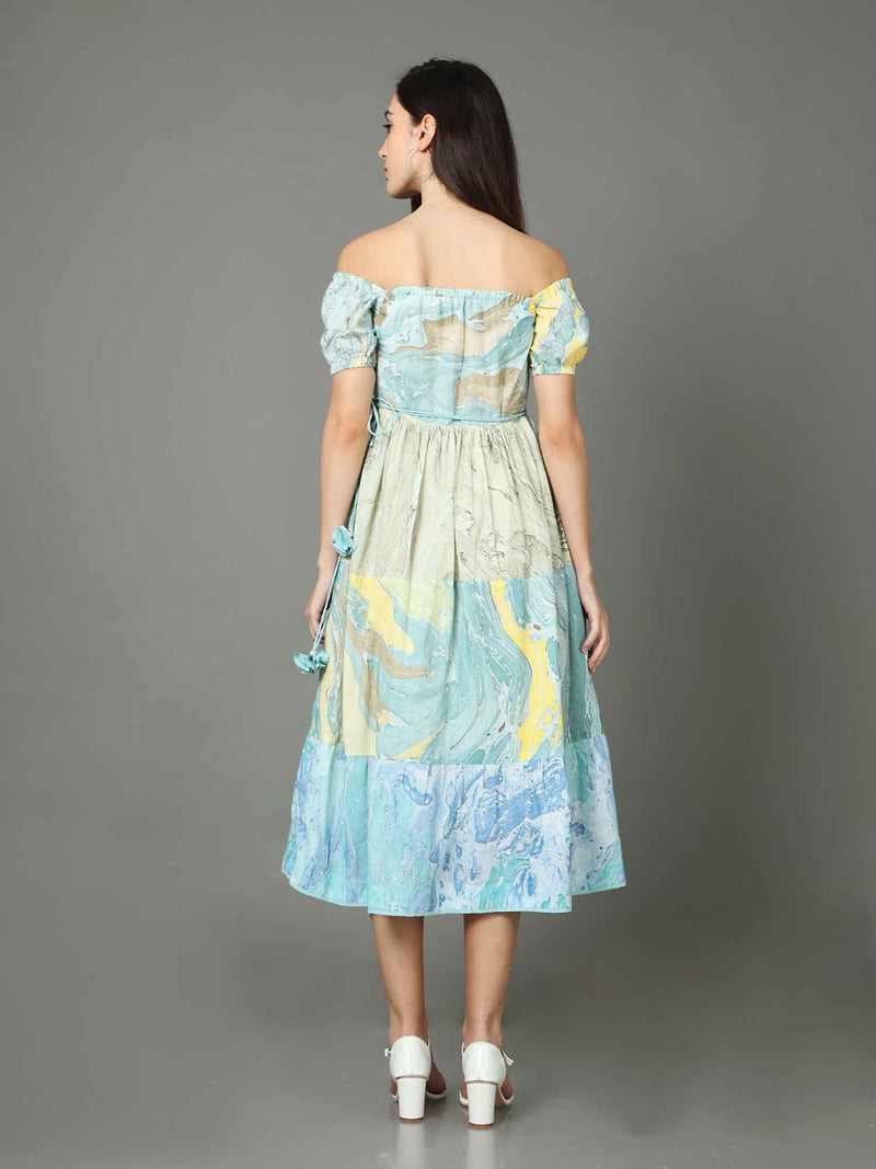 'Aria' Off-shoulder Marble-dyed Pure Cotton Dress