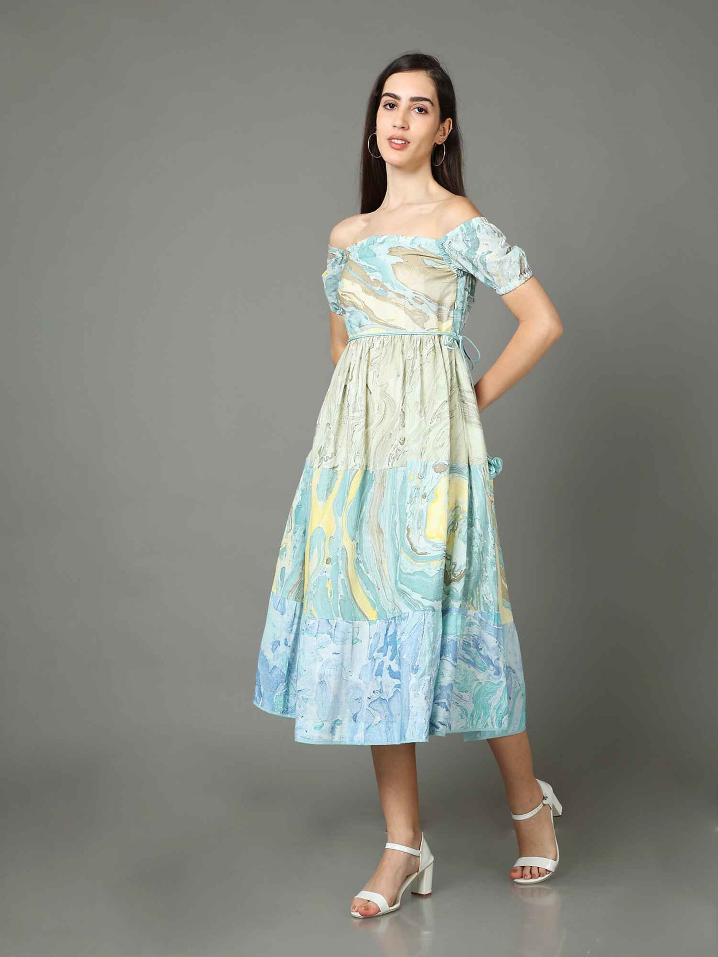 'Aria' Off-shoulder Marble-dyed Pure Cotton Dress