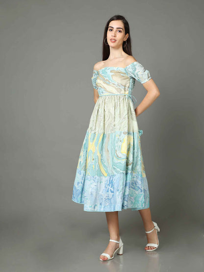 'Aria' Off-shoulder Marble-dyed Pure Cotton Dress