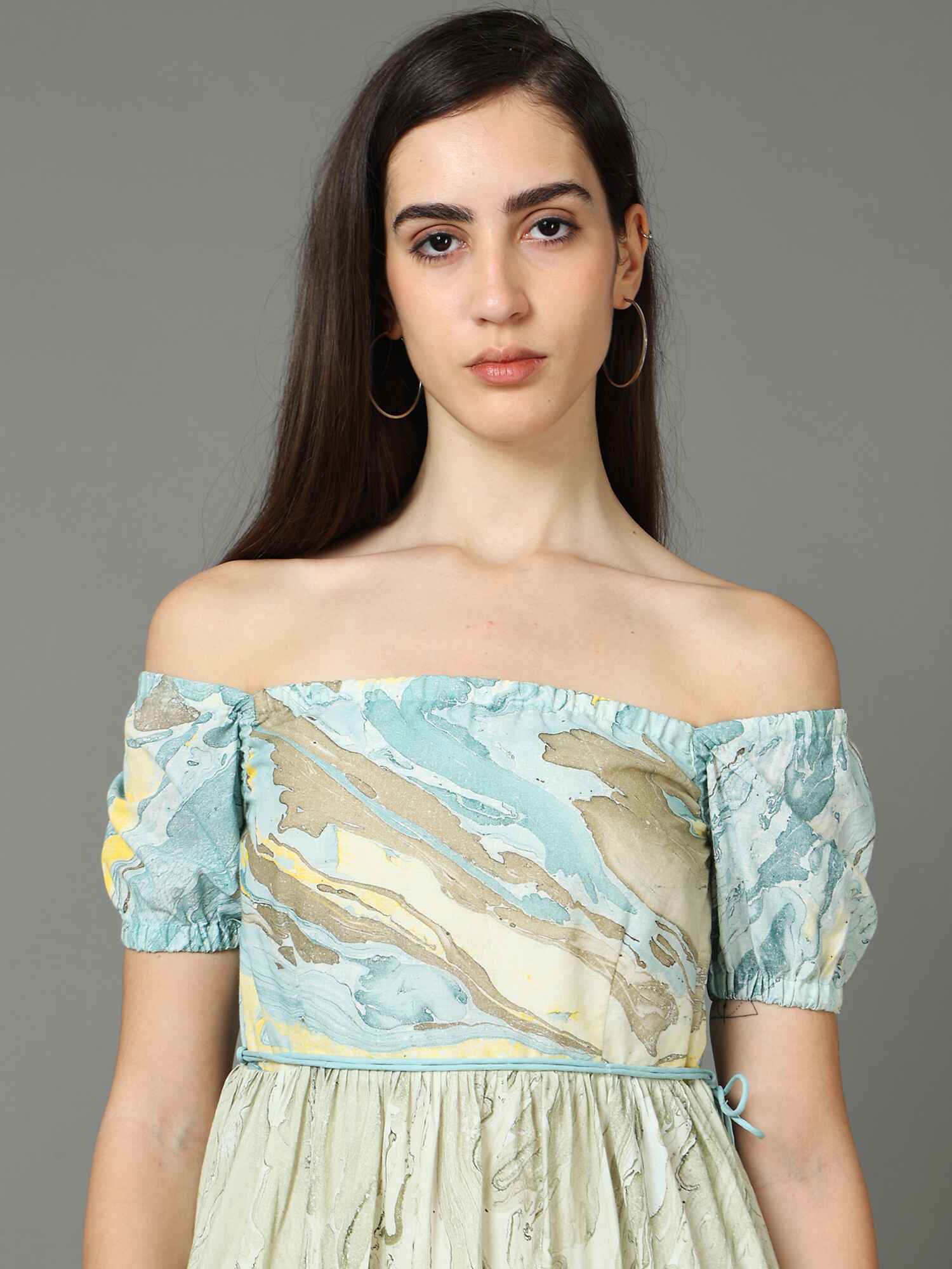'Aria' Off-shoulder Marble-dyed Pure Cotton Dress