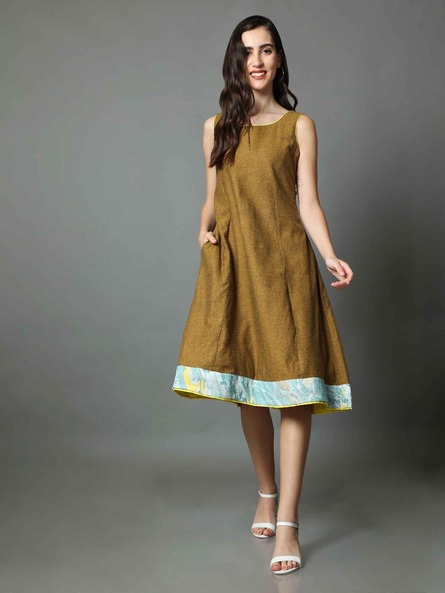 'Nyla' Handloom Dress with Marble-dyed Pure Cotton Jacket