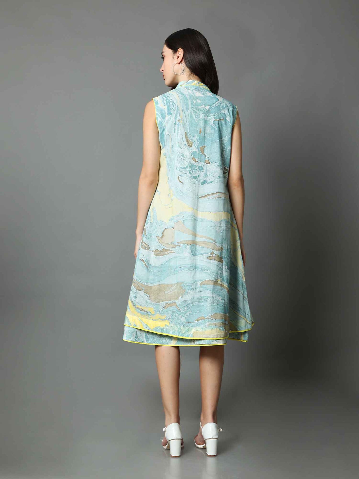 'Nyla' Handloom Dress with Marble-dyed Pure Cotton Jacket