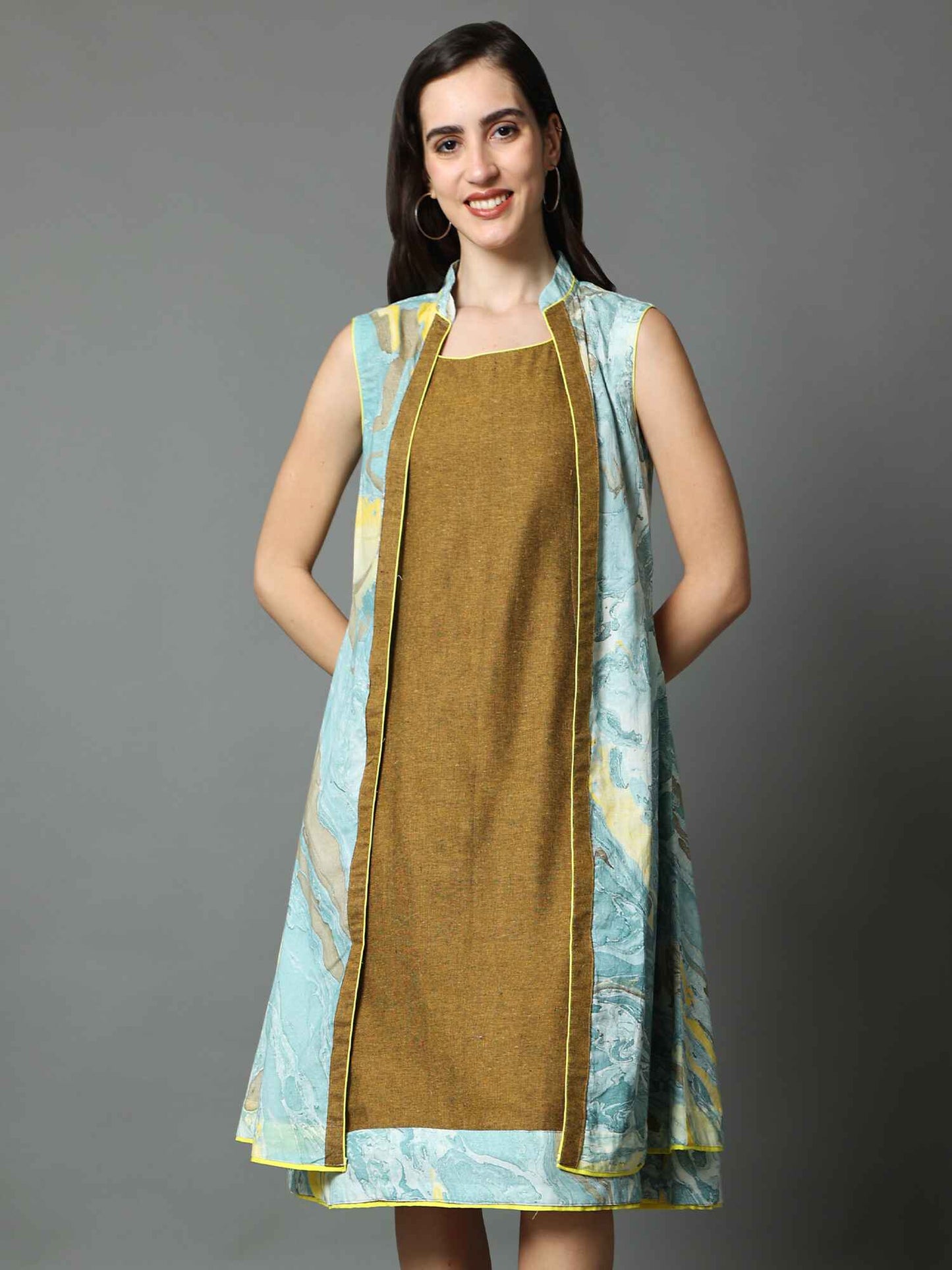 'Nyla' Handloom Dress with Marble-dyed Pure Cotton Jacket
