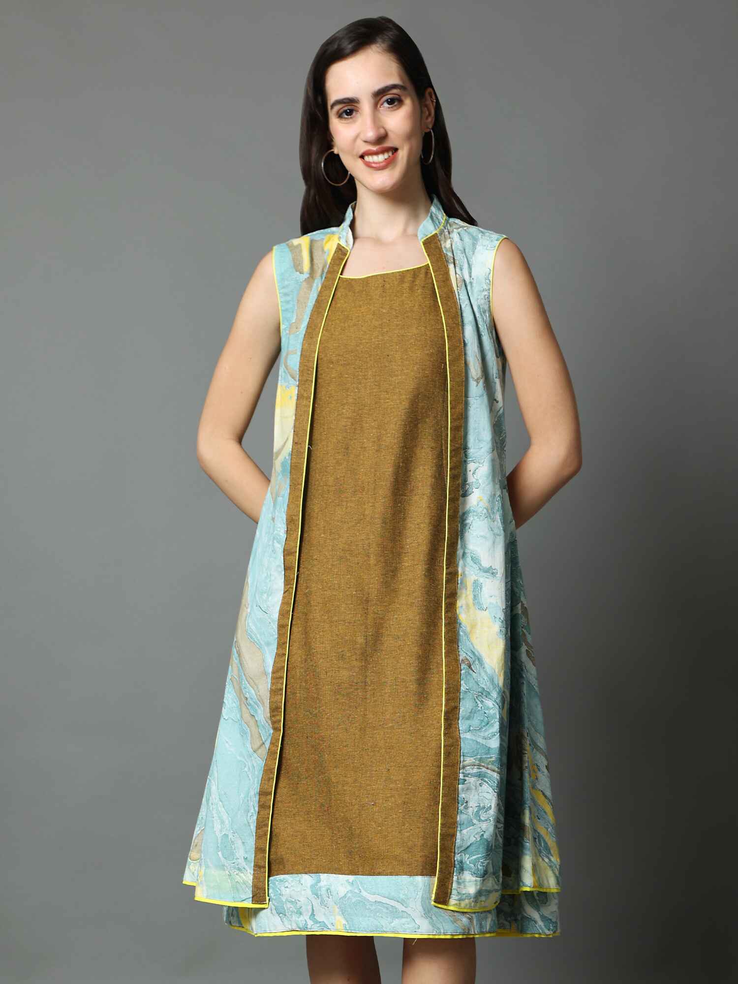 'Nyla' Handloom Dress with Marble-dyed Pure Cotton Jacket