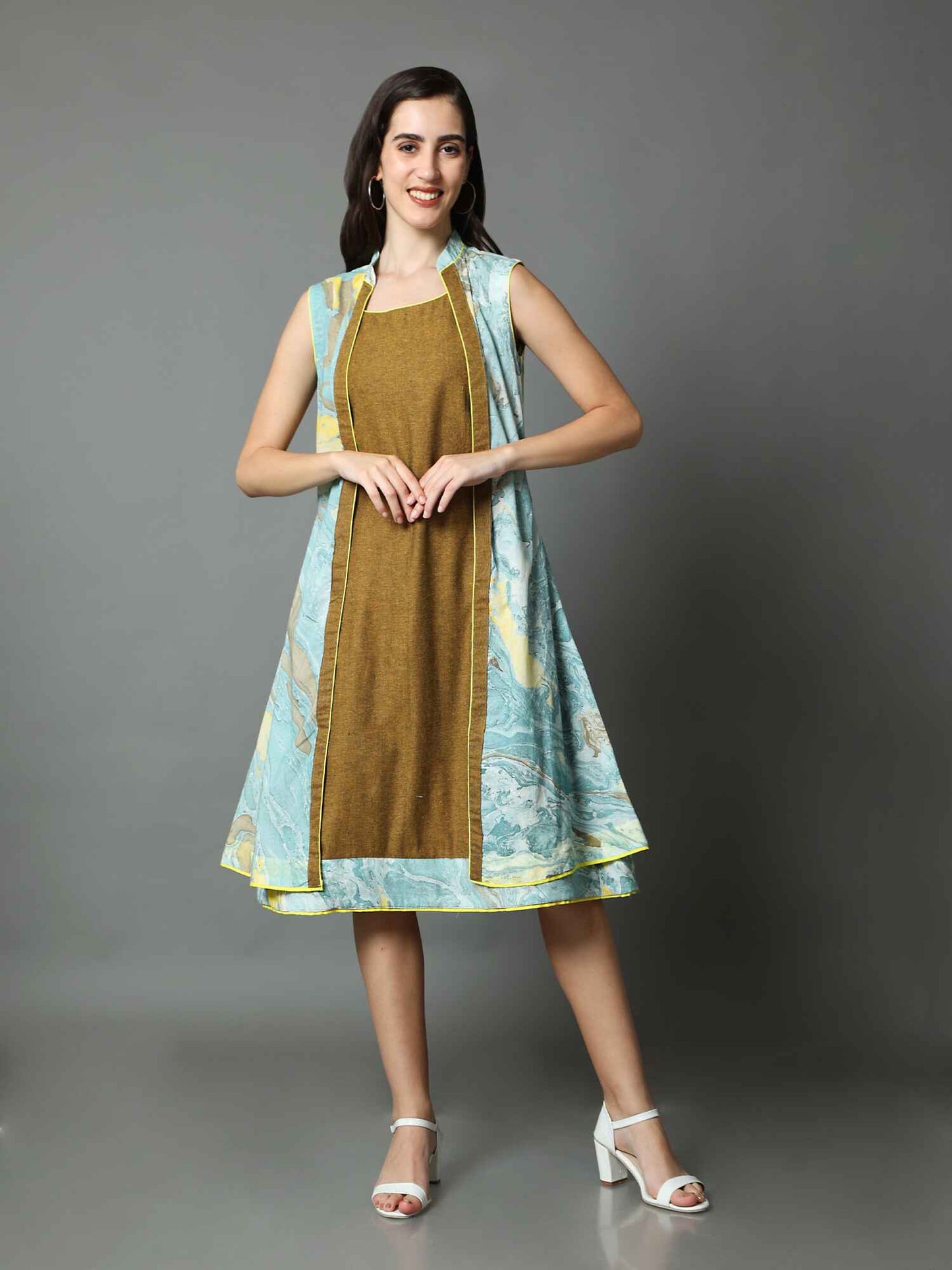 'Nyla' Handloom Dress with Marble-dyed Pure Cotton Jacket