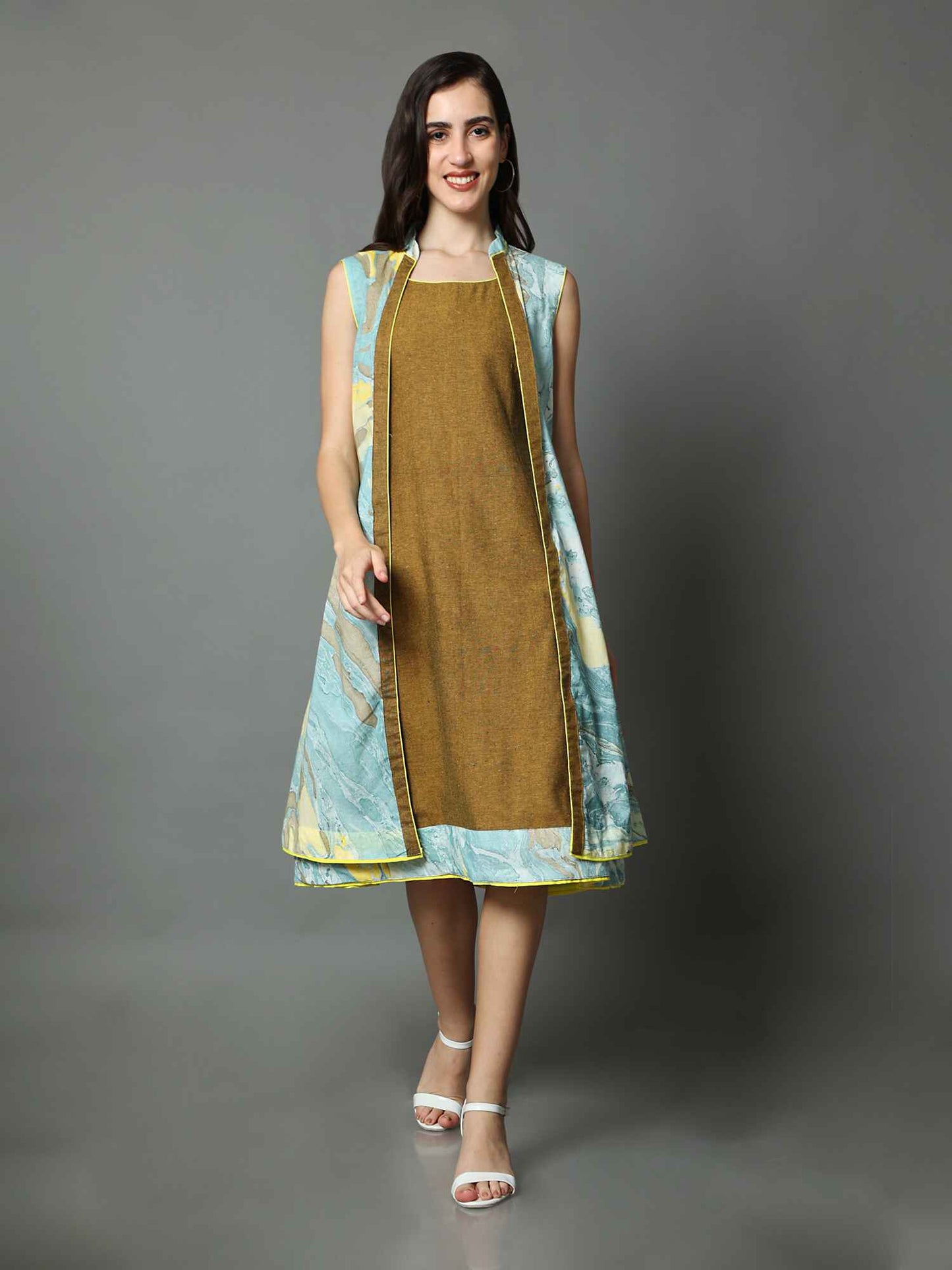 'Nyla' Handloom Dress with Marble-dyed Pure Cotton Jacket