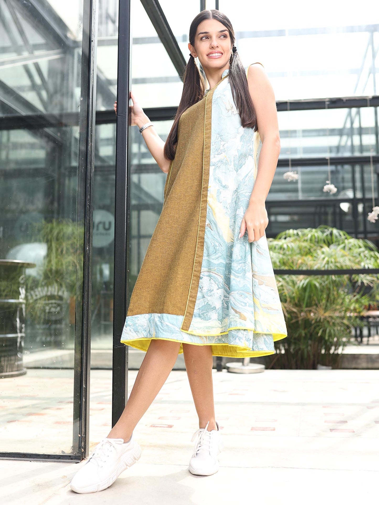 'Nyla' Handloom Dress with Marble-dyed Pure Cotton Jacket