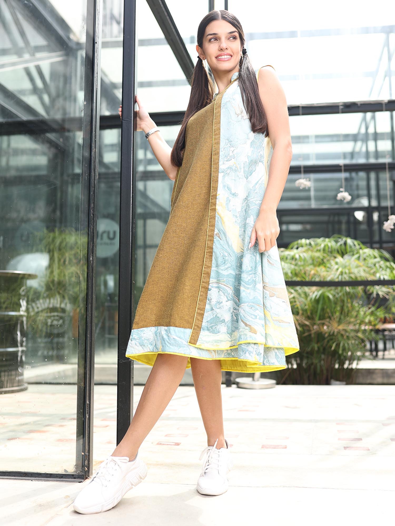 'Nyla' Handloom Dress with Marble-dyed Pure Cotton Jacket