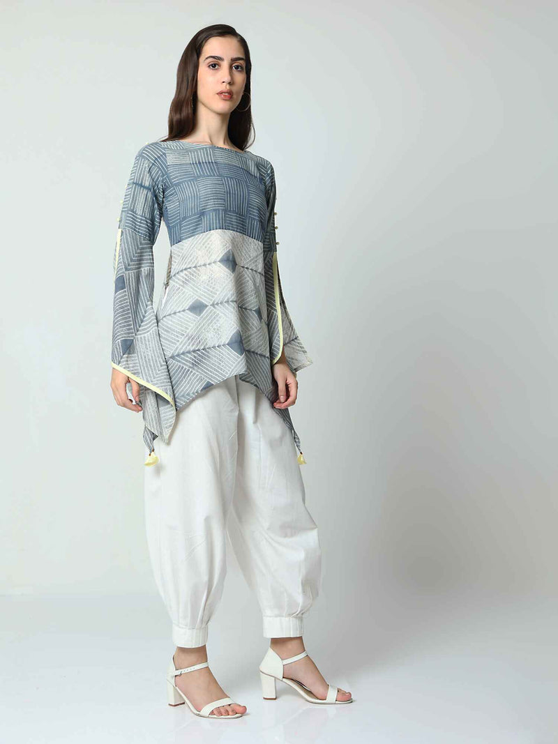 'Dove' Hand-dyed Shibori Pure Cotton Top with Butterfly Sleeves