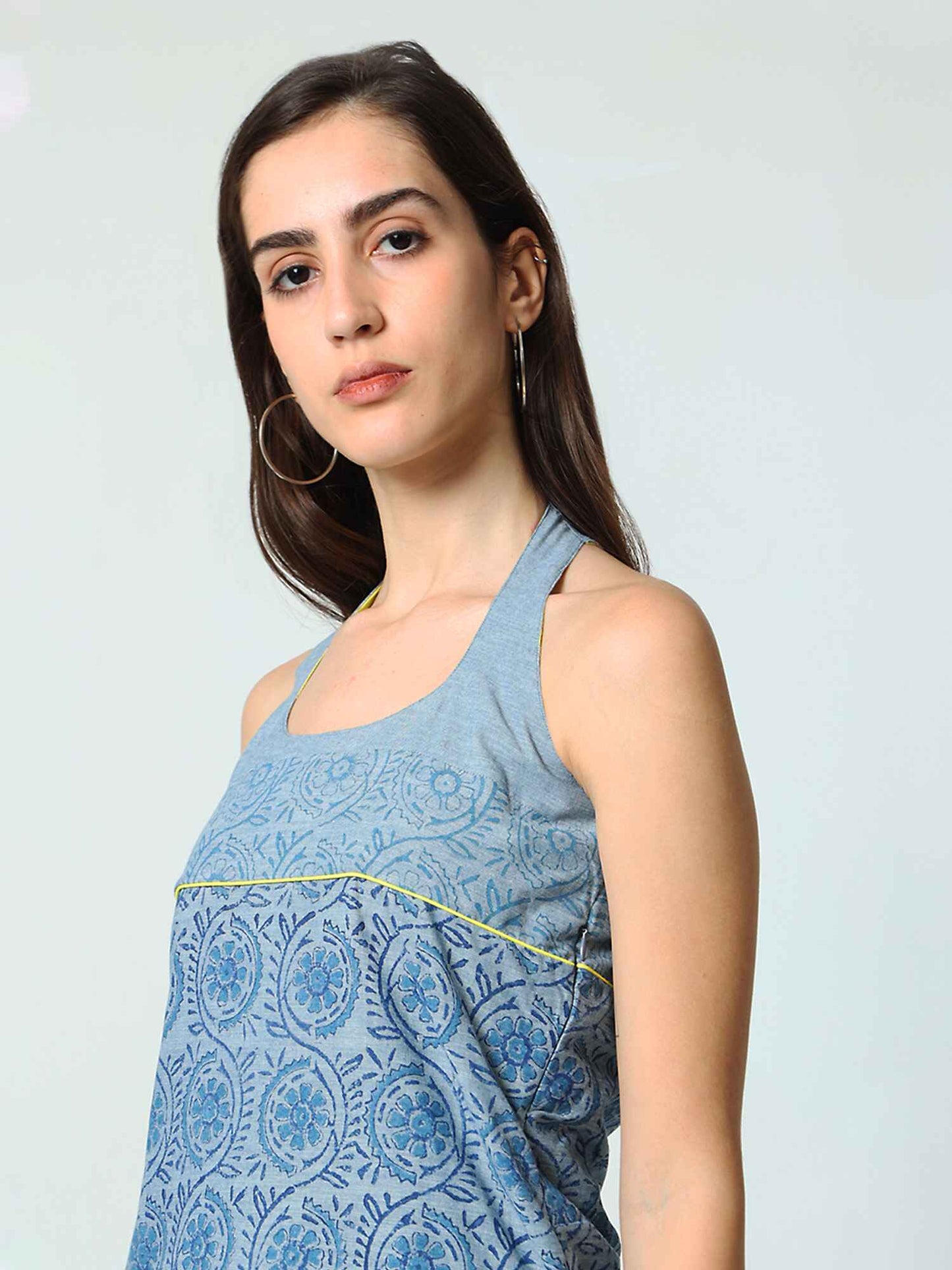 'Zuri' Racer-back Hand Block-printed Pure Cotton Dress