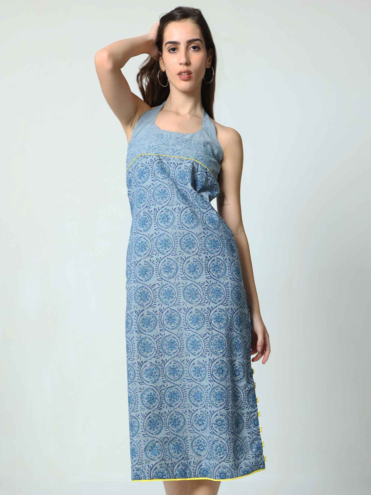 'Zuri' Racer-back Hand Block-printed Pure Cotton Dress