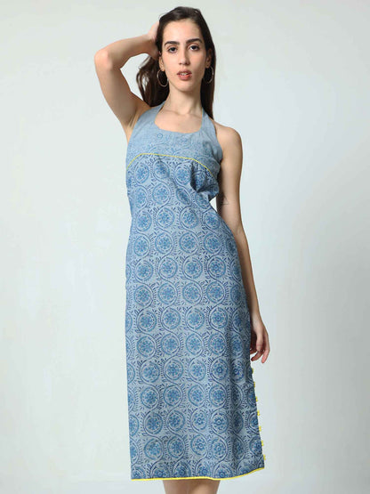 'Zuri' Racer-back Hand Block-printed Pure Cotton Dress