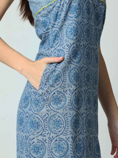 'Zuri' Racer-back Hand Block-printed Pure Cotton Dress