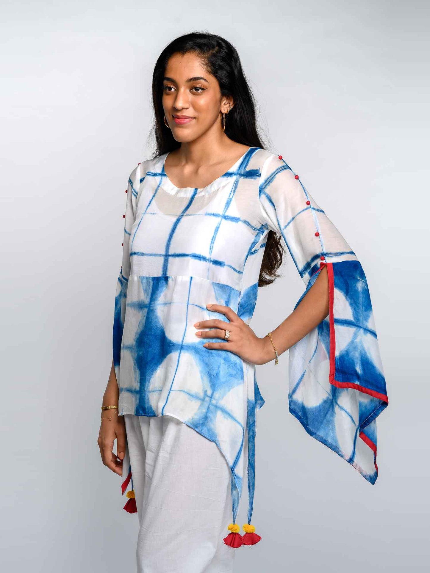 'Ria' Hand-dyed Shibori Vegan Silk Top with Butterly Sleeves
