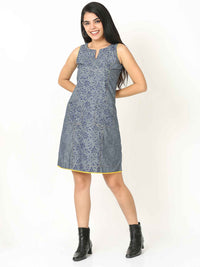 'Faith' Hand Block-printed Pure Cotton Denim Dress