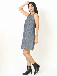 'Faith' Hand Block-printed Pure Cotton Denim Dress