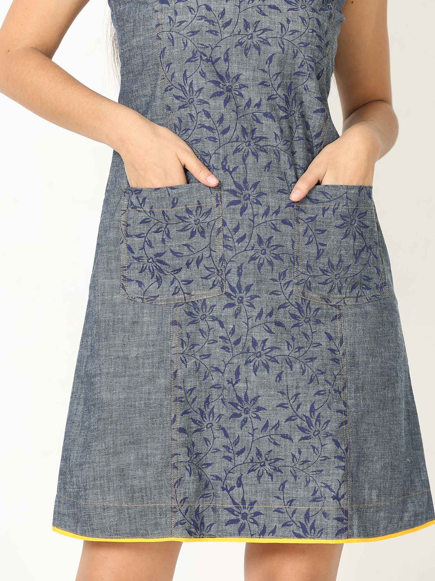 'Faith' Hand Block-printed Pure Cotton Denim Dress