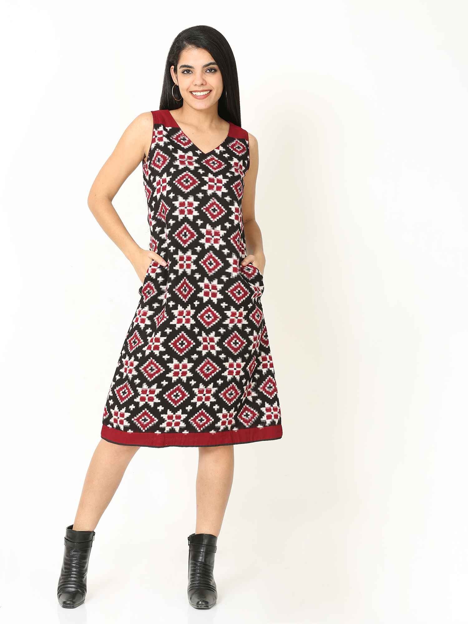 'Rhea' Handwoven Double Ikat Pure Cotton Dress (Red)