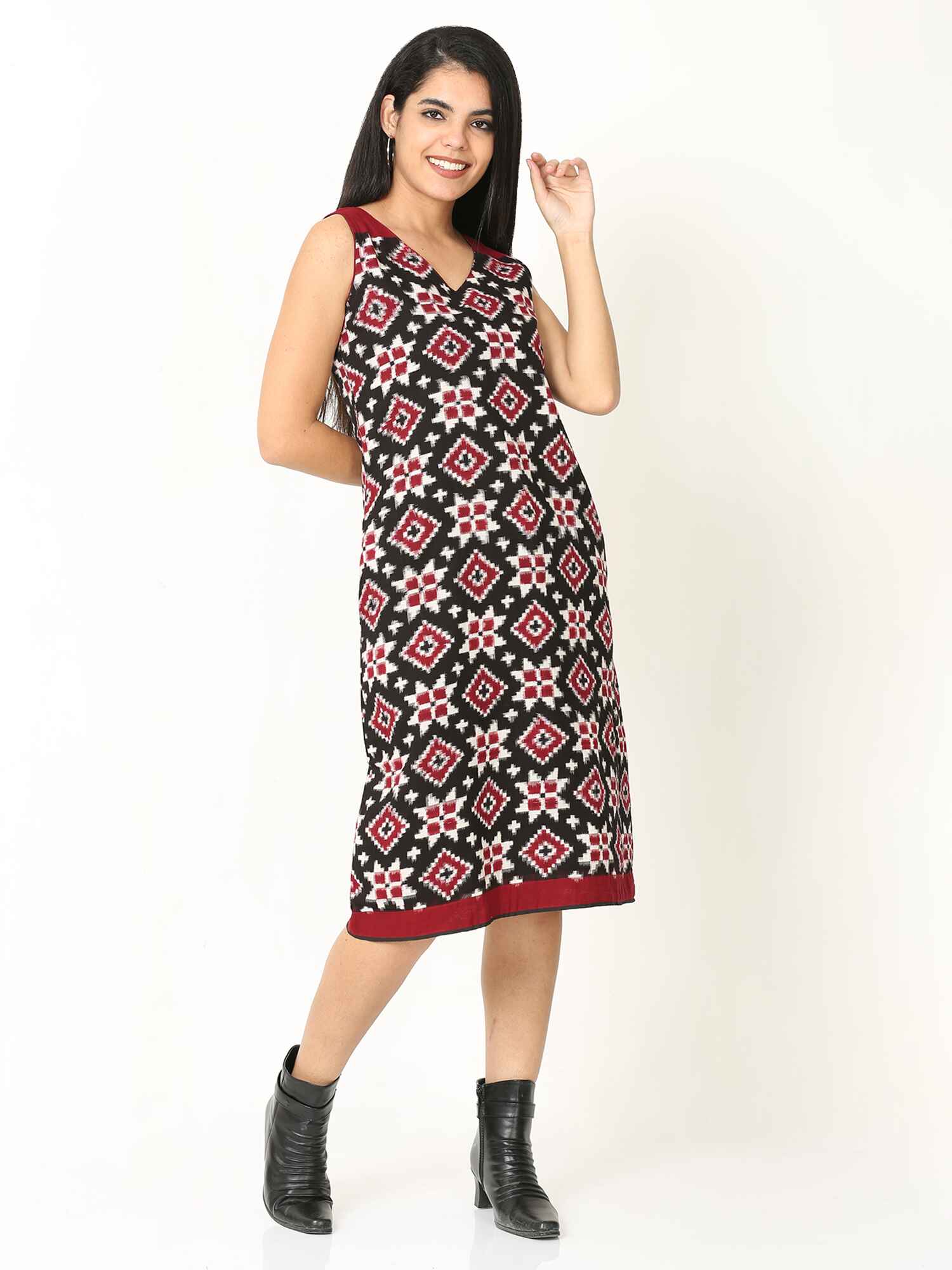 'Rhea' Handwoven Double Ikat Pure Cotton Dress (Red)