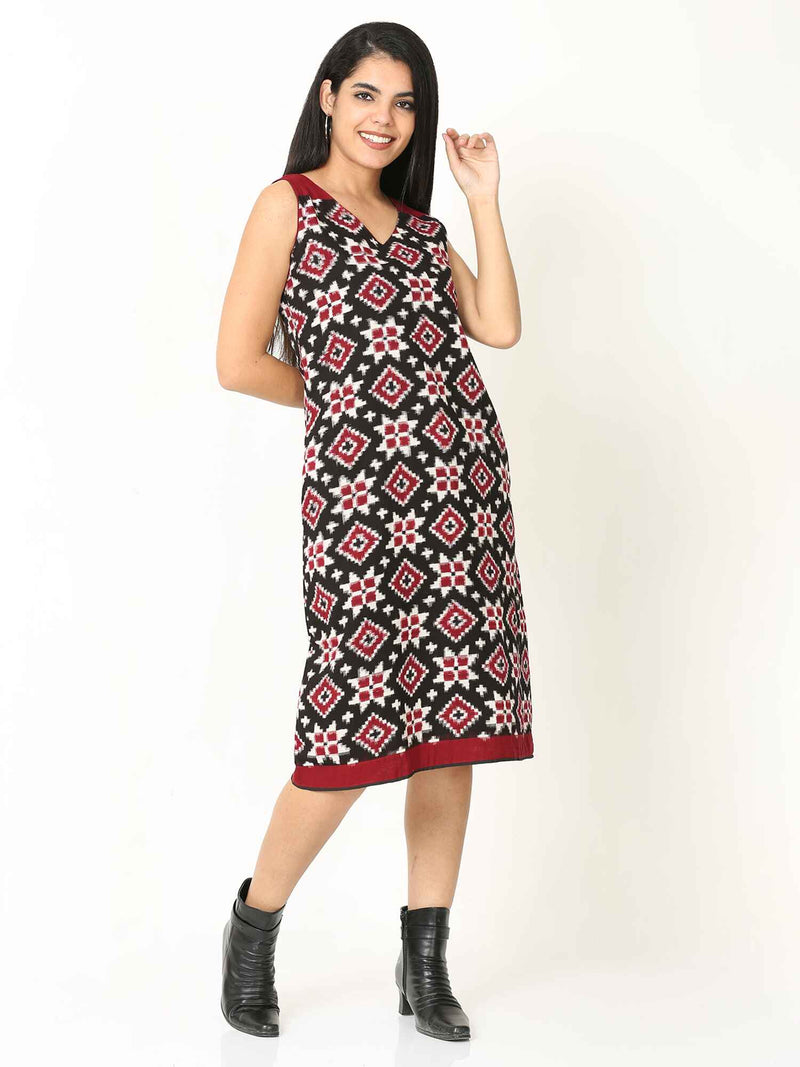 'Rhea' Handwoven Double Ikat Pure Cotton Dress (Red)